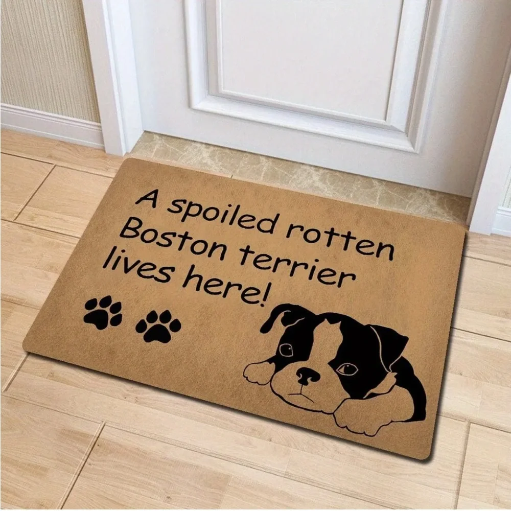 Tan Dog Mat with Boston Terrier Design